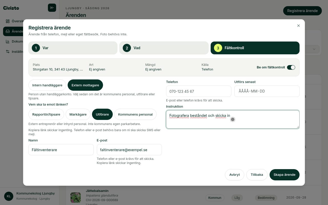 Steg Fältkontroll: Extern mottagare, Utförare, med hjälptext under valet