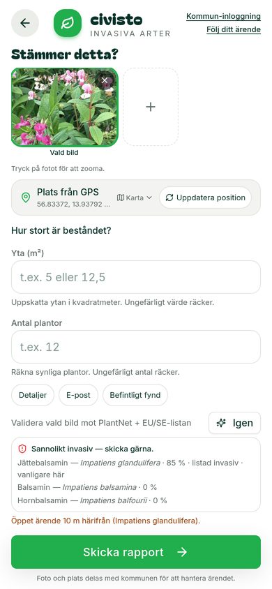 Medborgarens rapport: förslag från Pl@ntNet och ett öppet ärende 10 m bort