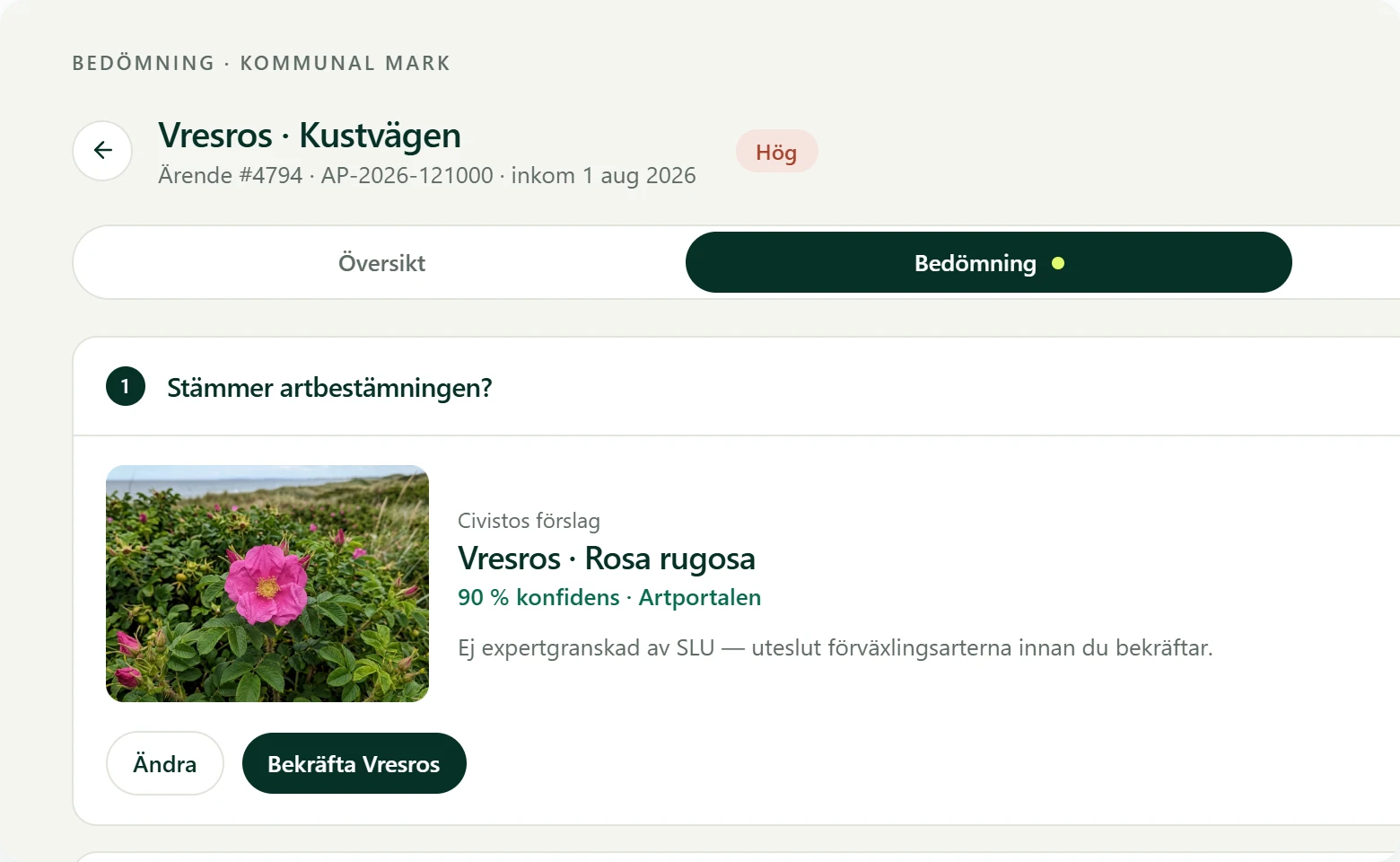 Ett ärende i Civisto med art, plats, ärendets gång och aktivitetslogg.