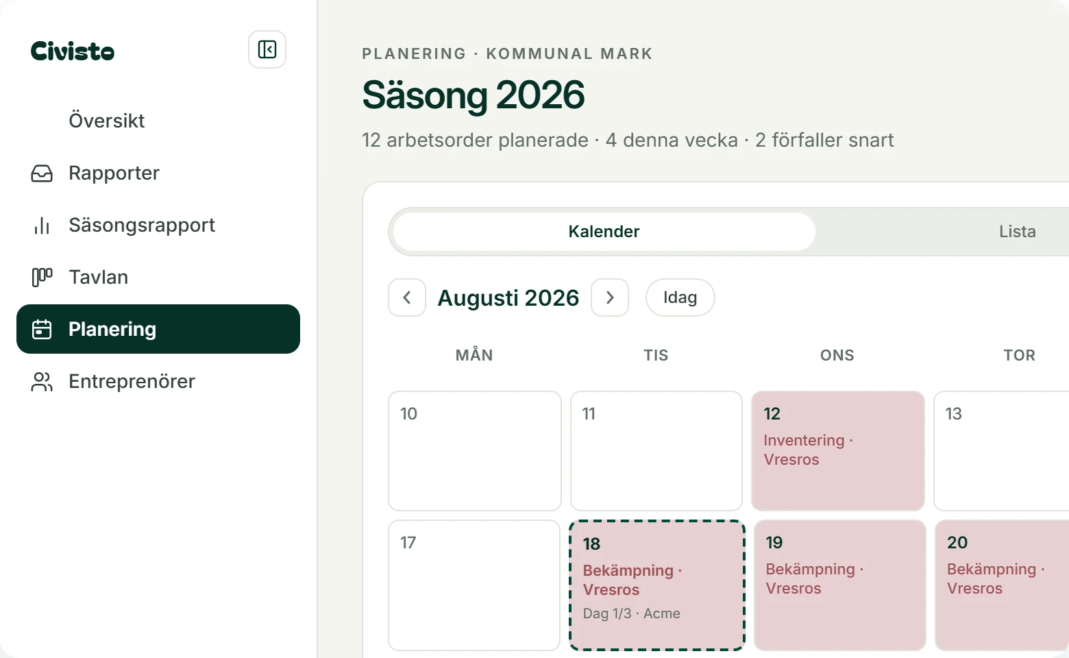 Planering i Civisto: veckokalender med arbetsorder och behandlingsfönster per art.