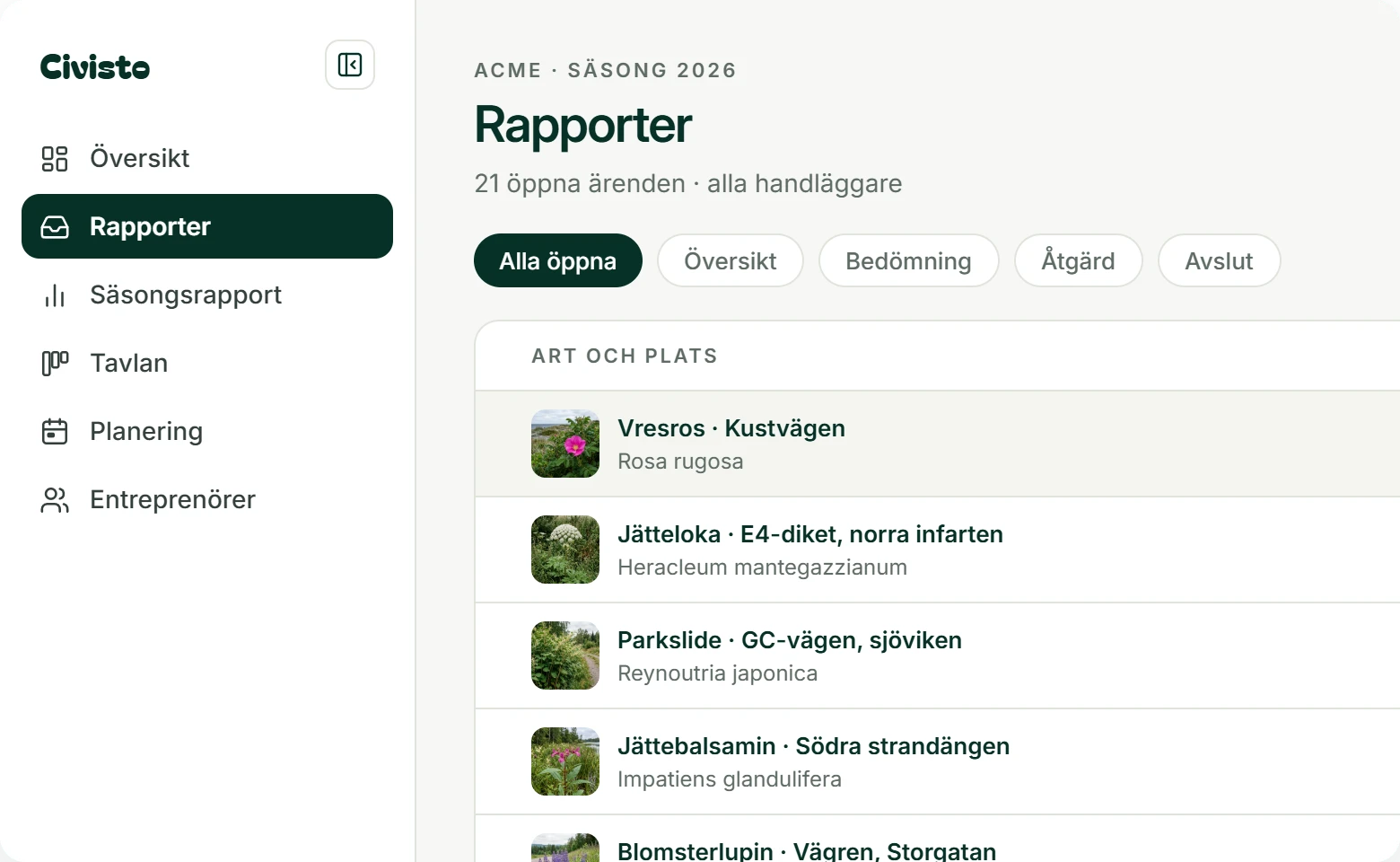 Civisto Rapporter: kön med art, plats, källa, markslag och prioritet.